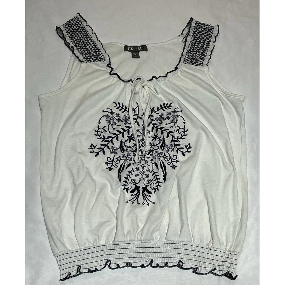 Roz & Ali Tank Top Womens PS White Embroidered Cottagecore Boho Peasant Floral